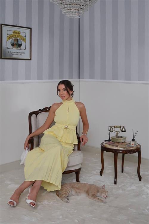 Dipmoda kadın halter yaka bel detaylı etekli takım DPG099