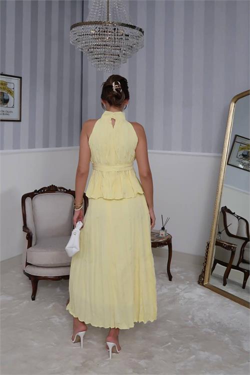 Dipmoda kadın halter yaka bel detaylı etekli takım DPG099