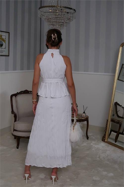 Dipmoda kadın halter yaka bel detaylı etekli takım DPG099