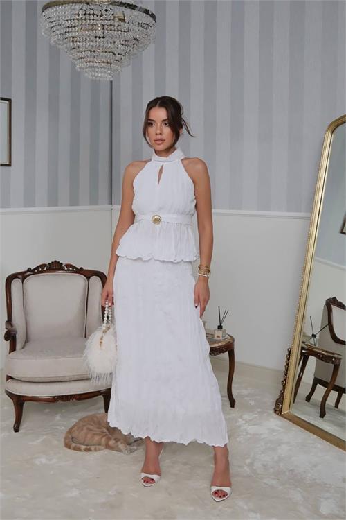 Dipmoda kadın halter yaka bel detaylı etekli takım DPG099