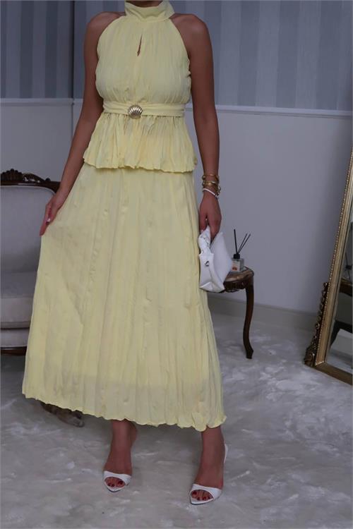 Dipmoda kadın halter yaka bel detaylı etekli takım DPG099