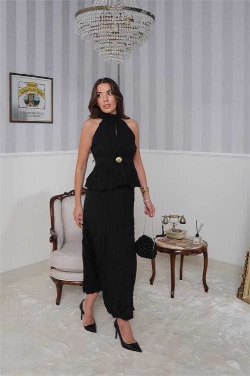 Dipmoda kadın halter yaka bel detaylı etekli takım DPG099