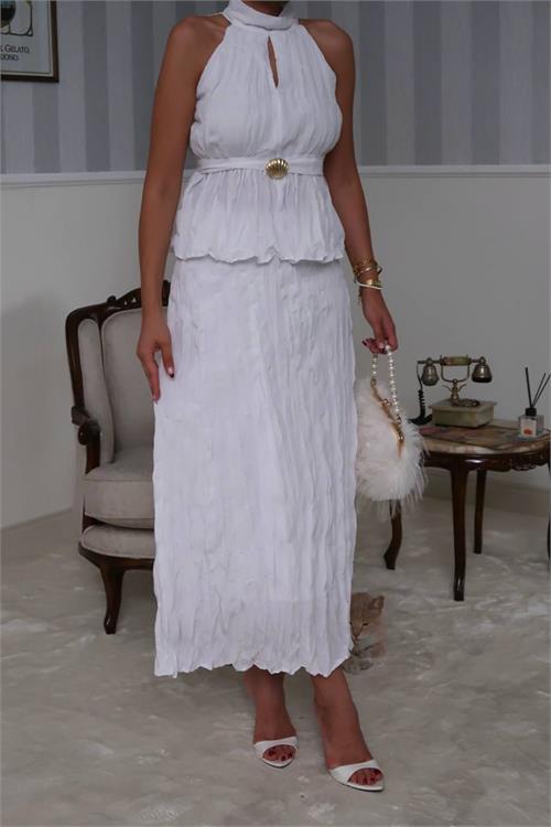 Dipmoda kadın halter yaka bel detaylı etekli takım DPG099