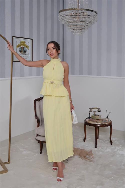 Dipmoda kadın halter yaka bel detaylı etekli takım DPG099