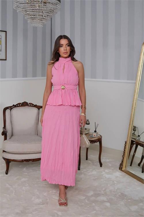 Dipmoda kadın halter yaka bel detaylı etekli takım DPG099