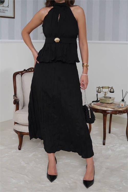 Dipmoda kadın halter yaka bel detaylı etekli takım DPG099