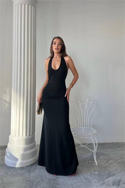 Dipmoda kadın halter yaka maxi boy likralı elbise DPDF061
