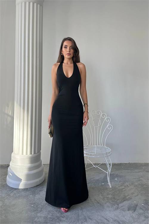 Dipmoda kadın halter yaka maxi boy likralı elbise DPDF061