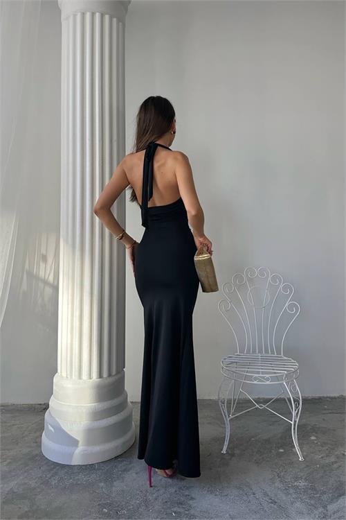Dipmoda kadın halter yaka maxi boy likralı elbise DPDF061