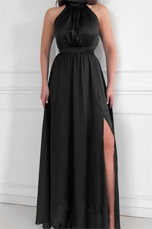 Dipmoda kadın halter yaka yırtmaç detaylı uzun şifon elbise DPNY3737
