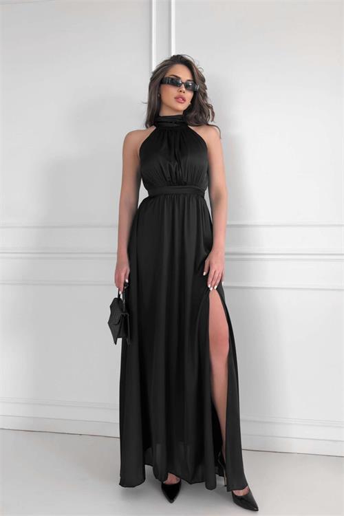 Dipmoda kadın halter yaka yırtmaç detaylı uzun şifon elbise DPNY3737