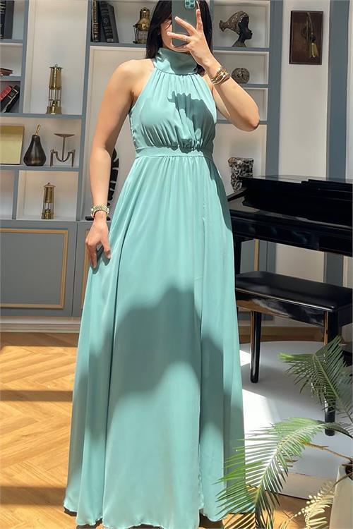 Dipmoda kadın halter yaka yırtmaç detaylı uzun şifon elbise DPNY3737