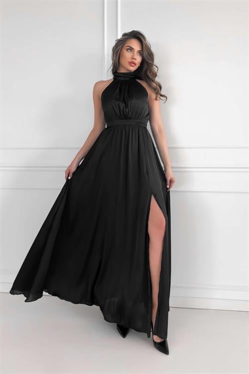 Dipmoda kadın halter yaka yırtmaç detaylı uzun şifon elbise DPNY3737