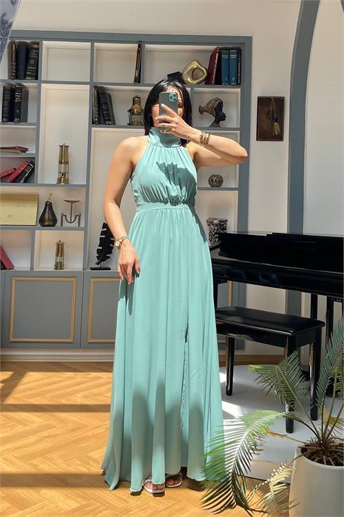 Dipmoda kadın halter yaka yırtmaç detaylı uzun şifon elbise DPNY3737