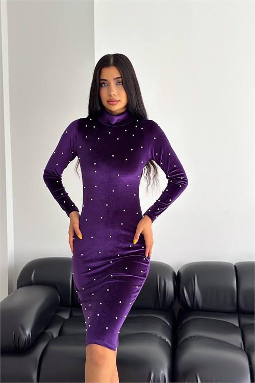 Dipmoda kadın inci detaylı mini kadife elbise KKLF77 - Mor 