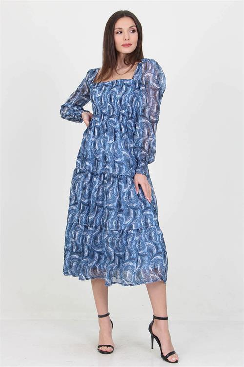 Dipmoda kadın indigo desenli kare yaka gipeli şifon elbise NB10036 