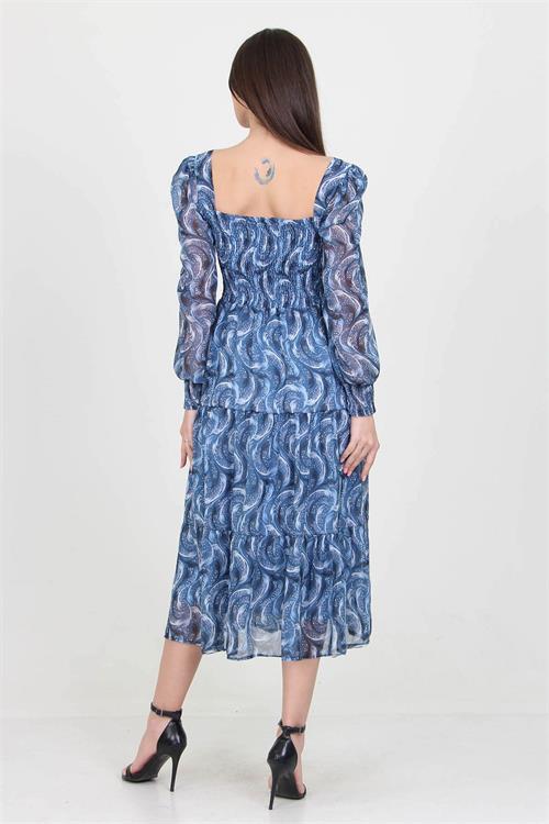 Dipmoda kadın indigo desenli kare yaka gipeli şifon elbise NB10036 