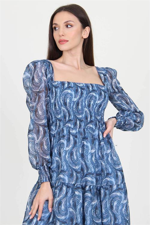 Dipmoda kadın indigo desenli kare yaka gipeli şifon elbise NB10036 
