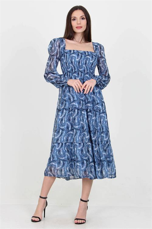 Dipmoda kadın indigo desenli kare yaka gipeli şifon elbise NB10036 