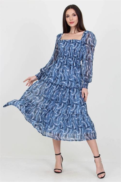 Dipmoda kadın indigo desenli kare yaka gipeli şifon elbise NB10036 