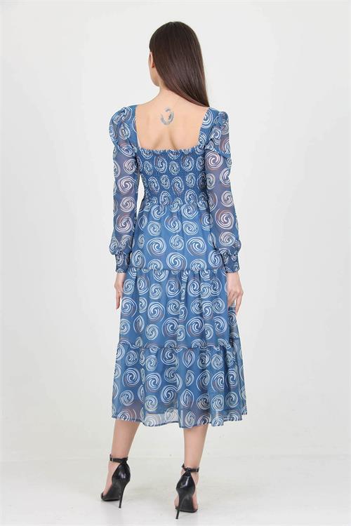 Dipmoda kadın indigo gipeli kare yaka desenli şifon elbise NB100361 