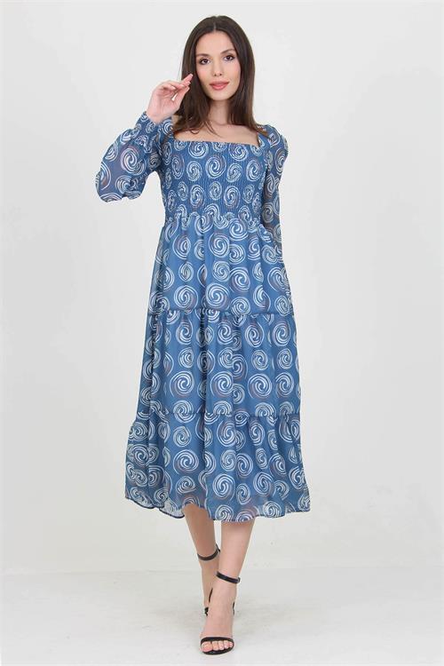 Dipmoda kadın indigo gipeli kare yaka desenli şifon elbise NB100361 