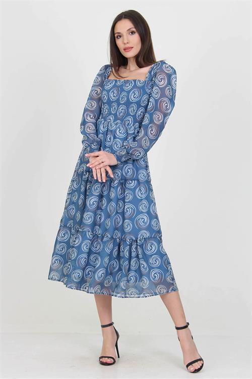 Dipmoda kadın indigo gipeli kare yaka desenli şifon elbise NB100361 