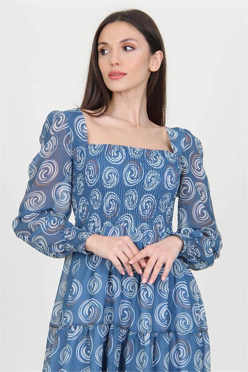 Dipmoda kadın indigo gipeli kare yaka desenli şifon elbise NB100361 