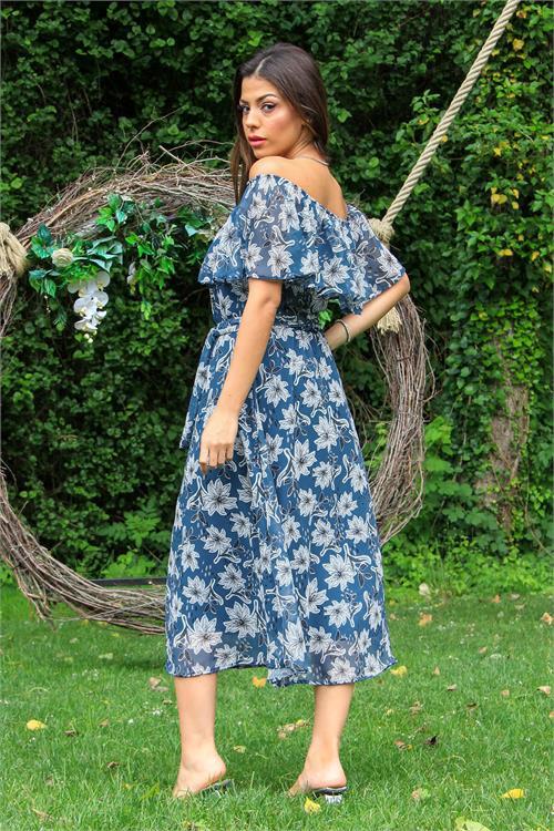 Dipmoda kadın indigo madonna kuşaklı çiçek desenli şifon elbise NB10037 