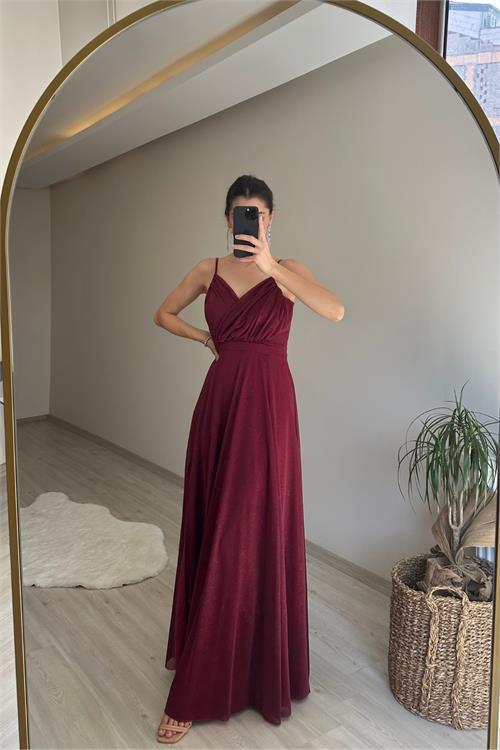 Dipmoda kadın ışıltılı askılı yırtmaç detayı şifon abiye elbise NM002