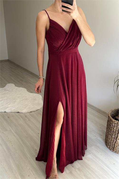 Dipmoda kadın ışıltılı askılı yırtmaç detayı şifon abiye elbise NM002