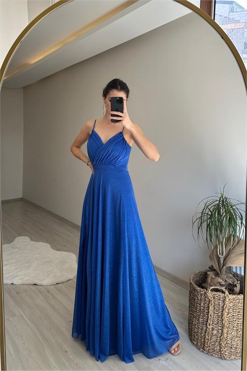 Dipmoda kadın ışıltılı askılı yırtmaç detayı şifon abiye elbise NM002