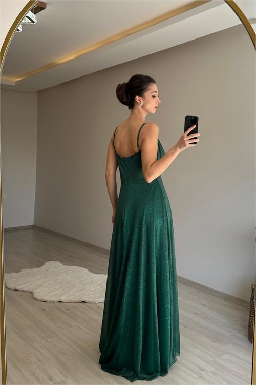 Dipmoda kadın ışıltılı askılı yırtmaç detayı şifon abiye elbise NM002