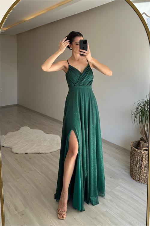 Dipmoda kadın ışıltılı askılı yırtmaç detayı şifon abiye elbise NM002