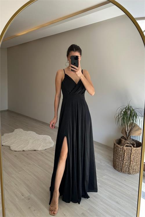 Dipmoda kadın ışıltılı askılı yırtmaç detayı şifon abiye elbise NM002