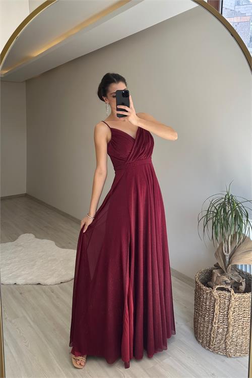 Dipmoda kadın ışıltılı askılı yırtmaç detayı şifon abiye elbise NM002