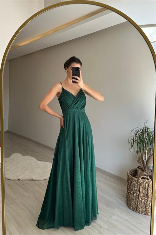 Dipmoda kadın ışıltılı askılı yırtmaç detayı şifon abiye elbise NM002