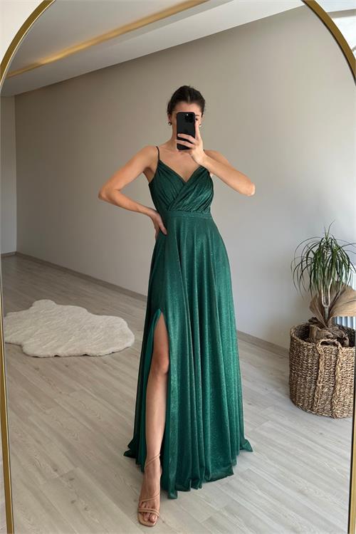 Dipmoda kadın ışıltılı askılı yırtmaç detayı şifon abiye elbise NM002