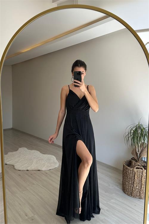 Dipmoda kadın ışıltılı askılı yırtmaç detayı şifon abiye elbise NM002