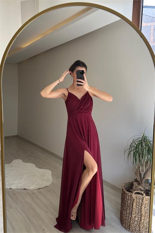 Dipmoda kadın ışıltılı askılı yırtmaç detayı şifon abiye elbise NM002