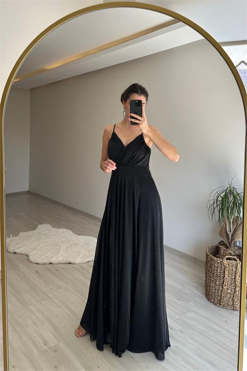 Dipmoda kadın ışıltılı askılı yırtmaç detayı şifon abiye elbise NM002