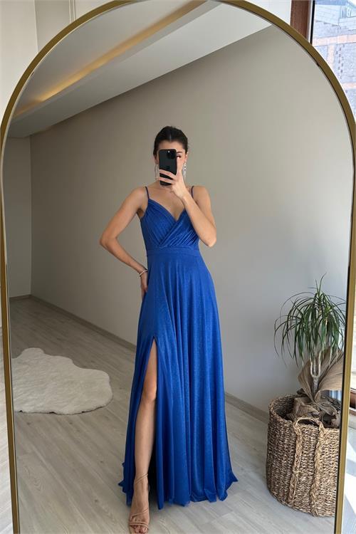 Dipmoda kadın ışıltılı askılı yırtmaç detayı şifon abiye elbise NM002