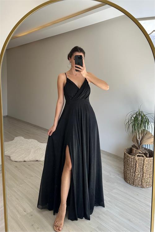 Dipmoda kadın ışıltılı askılı yırtmaç detayı şifon abiye elbise NM002