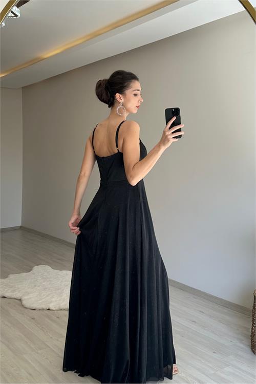 Dipmoda kadın ışıltılı askılı yırtmaç detayı şifon abiye elbise NM002