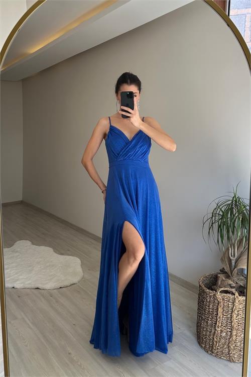 Dipmoda kadın ışıltılı askılı yırtmaç detayı şifon abiye elbise NM002