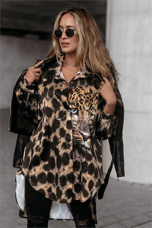 Dipmoda kadın ithal kumaş leopar desenli tunik gömlek NBASP7248