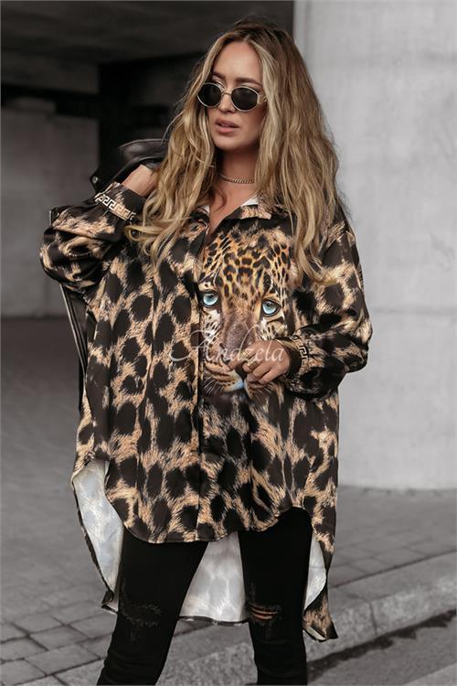 Dipmoda kadın ithal kumaş leopar desenli tunik gömlek NBASP7248