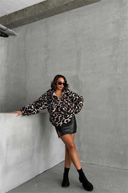 Dipmoda kadın ithal kumaş leopar desenli sweat NBG051
