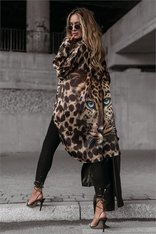 Dipmoda kadın ithal kumaş leopar desenli tunik gömlek NBASP7248