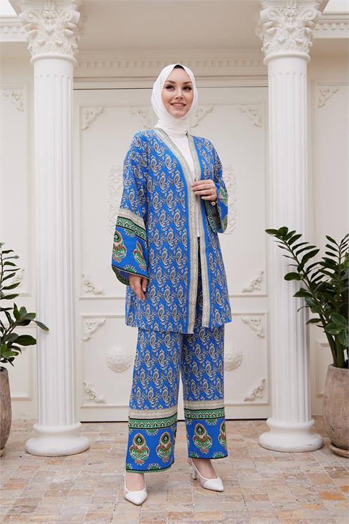 Dipmoda kadın ithal kumaş tesettür kimono takım SMS020 - Mavi 